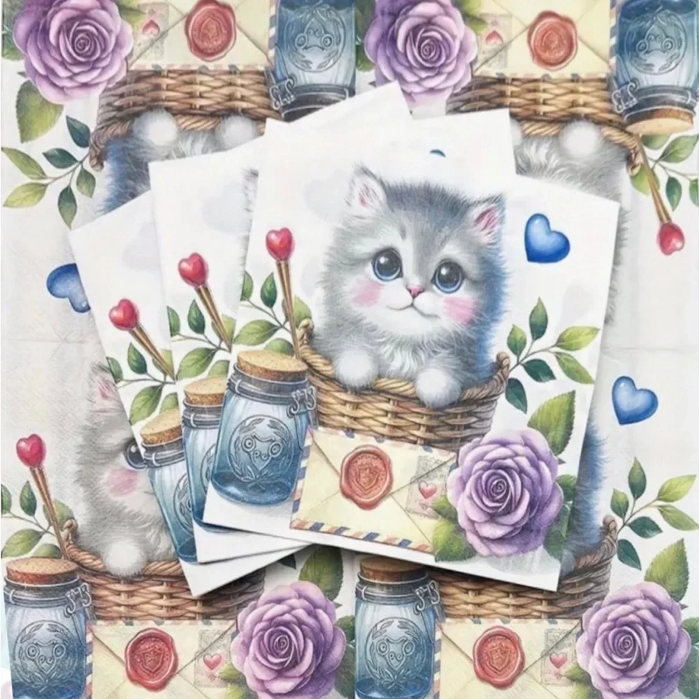 Letter Floral Sweet Kitten in Basket Luncheon Paper Napkins, 20 ct